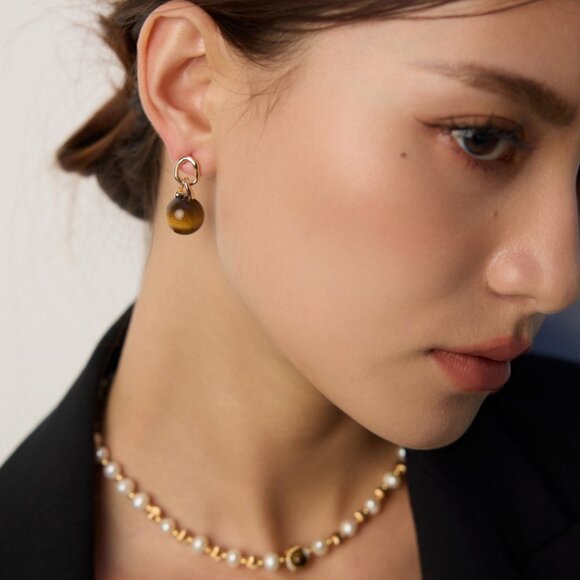 Minimalist Gold & Tiger's Eye Drop Earrings - Picture 1 of 10